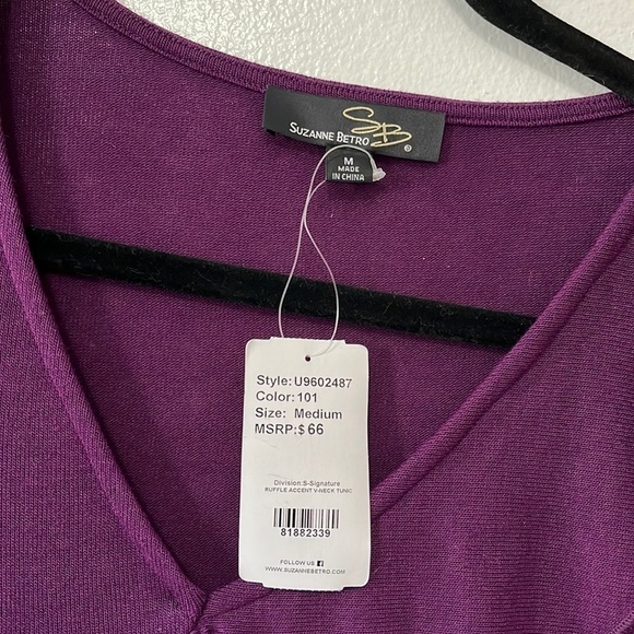 Suzanne Betro Purple V Neck Ruffle Front Asymmetrical Hem Soft Knit Blouse NWT - Picture 2 of 5